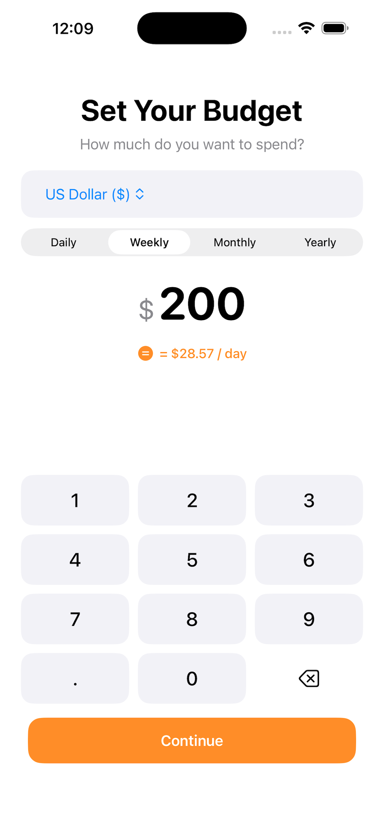 Set your budget screen