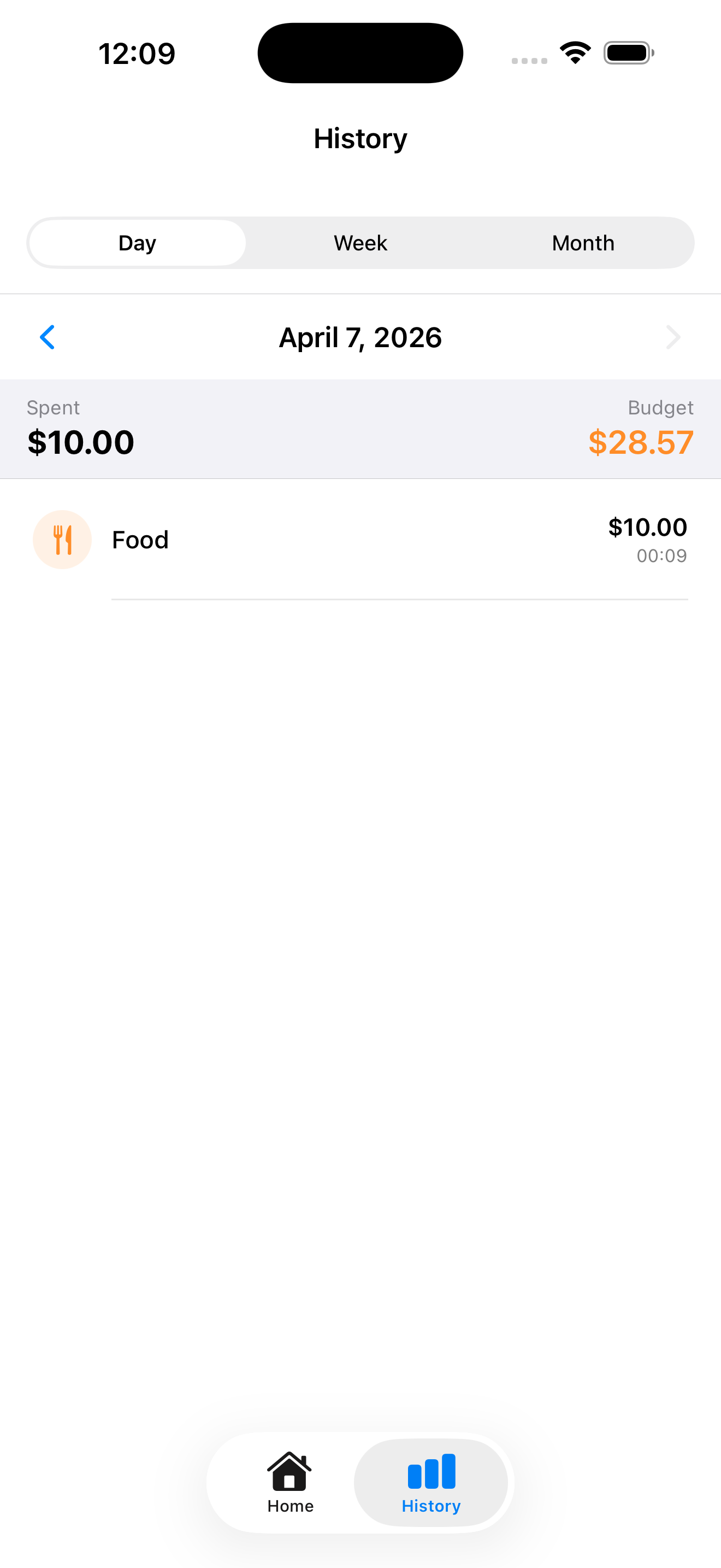 Spending history screen