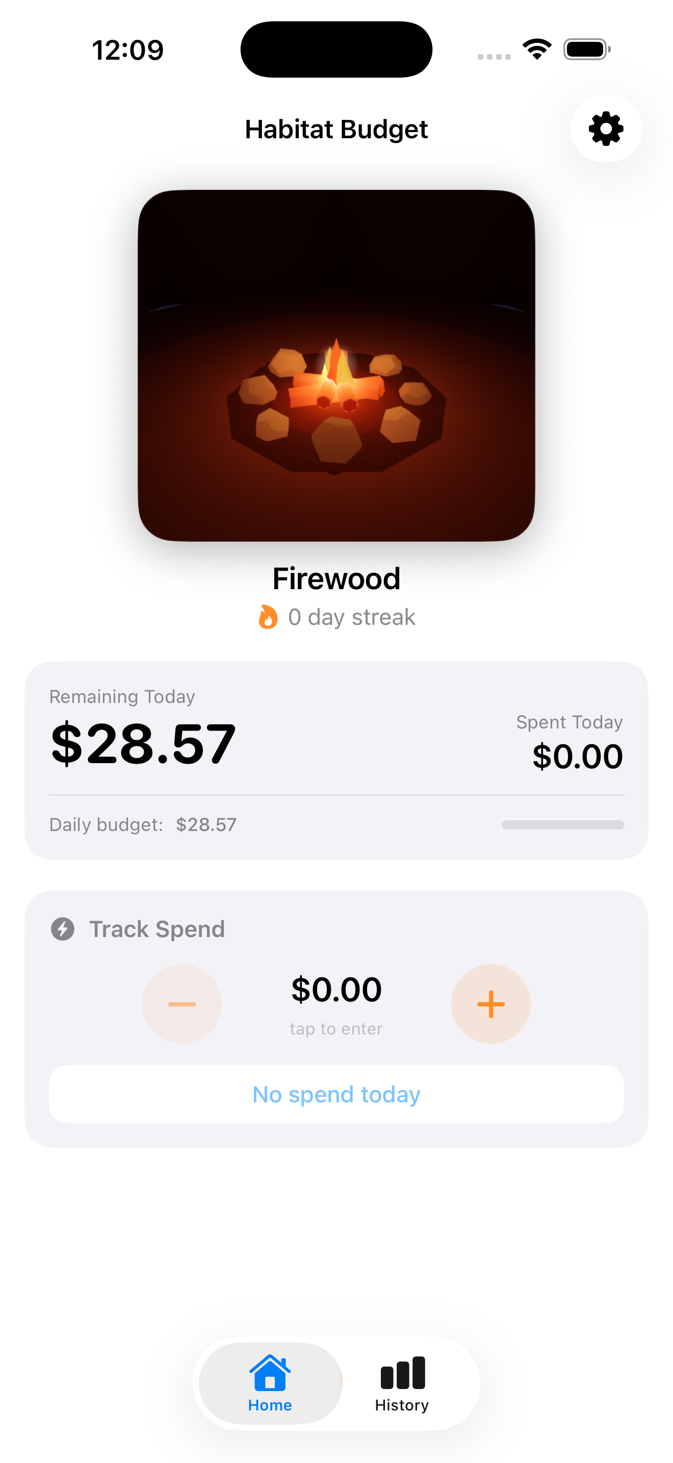 Home screen with habitat and budget tracker
